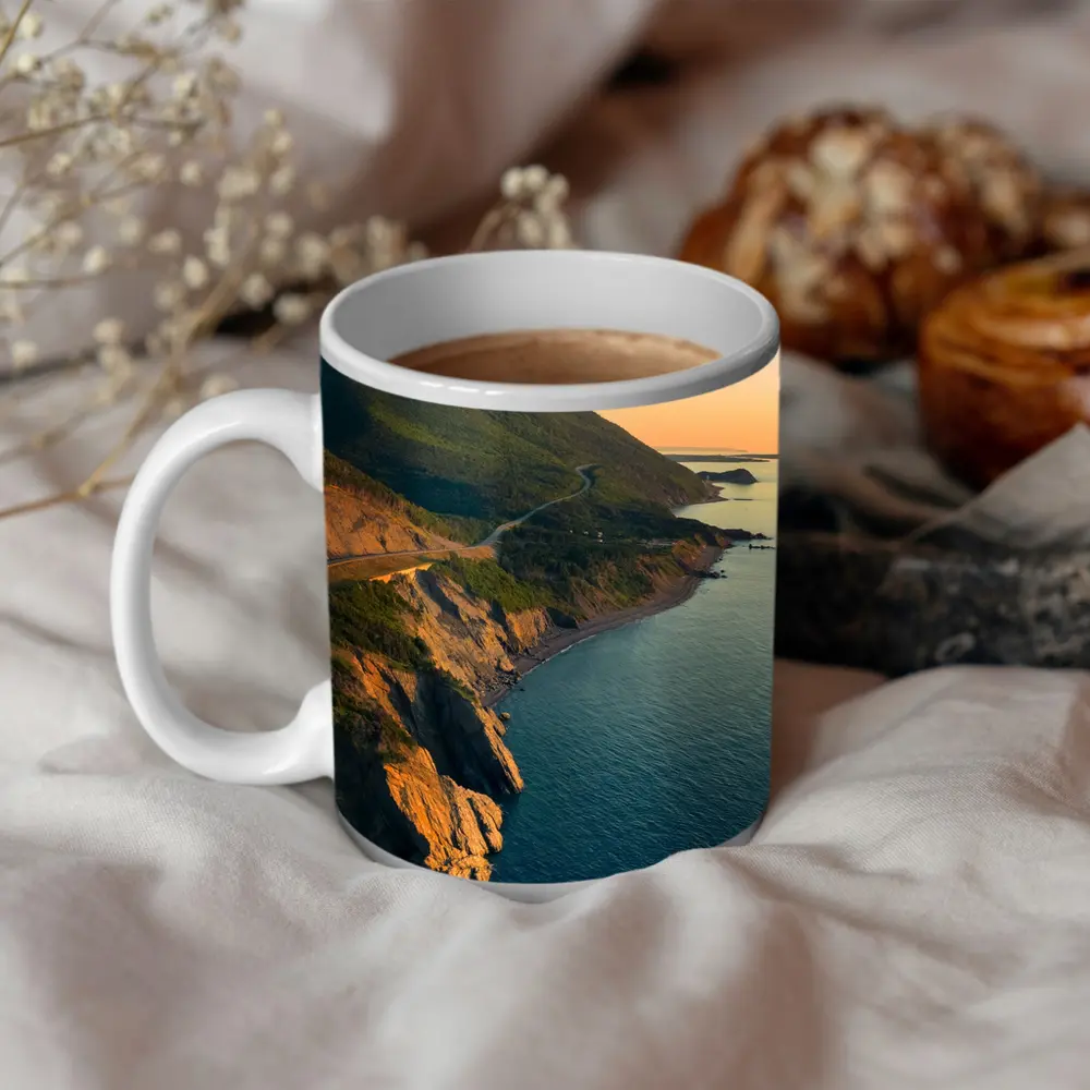 Coastal Cliffs Winding Road Sunset Aerial View – Mugs