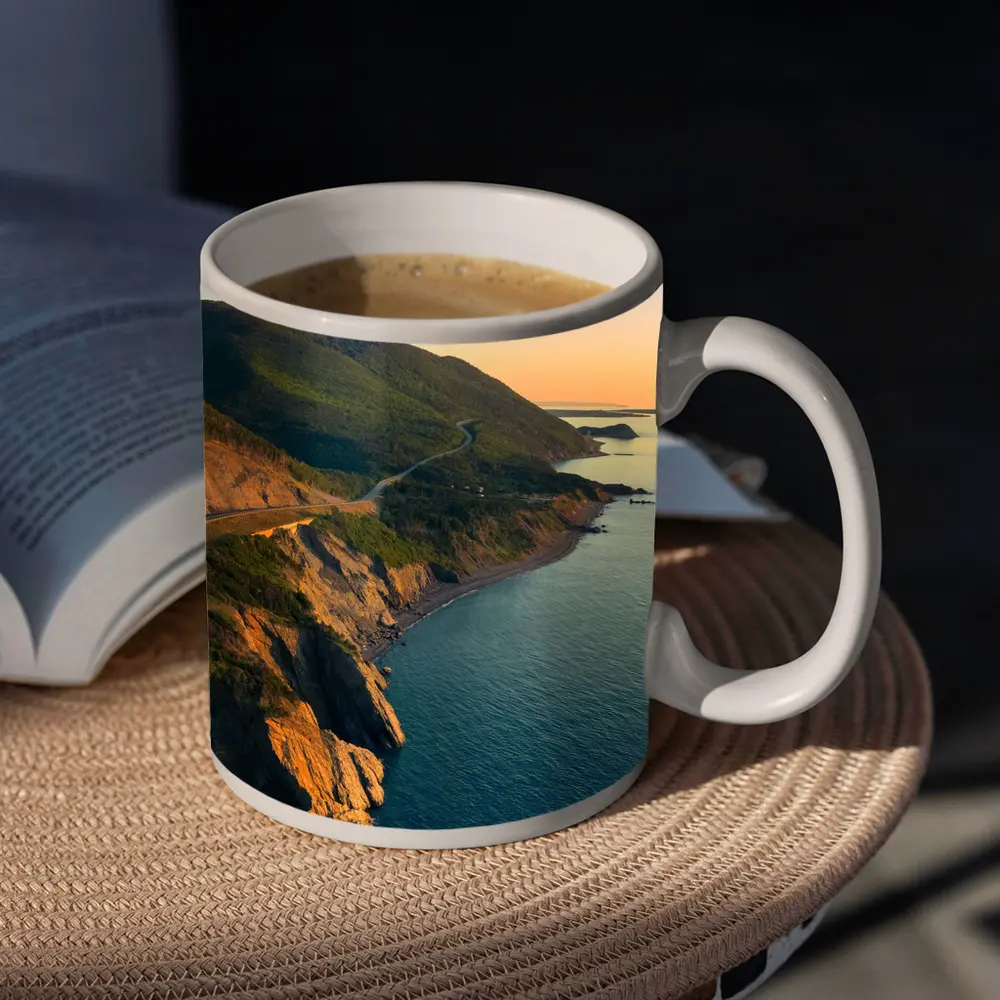 Coastal Cliffs Winding Road Sunset Aerial View – Mugs