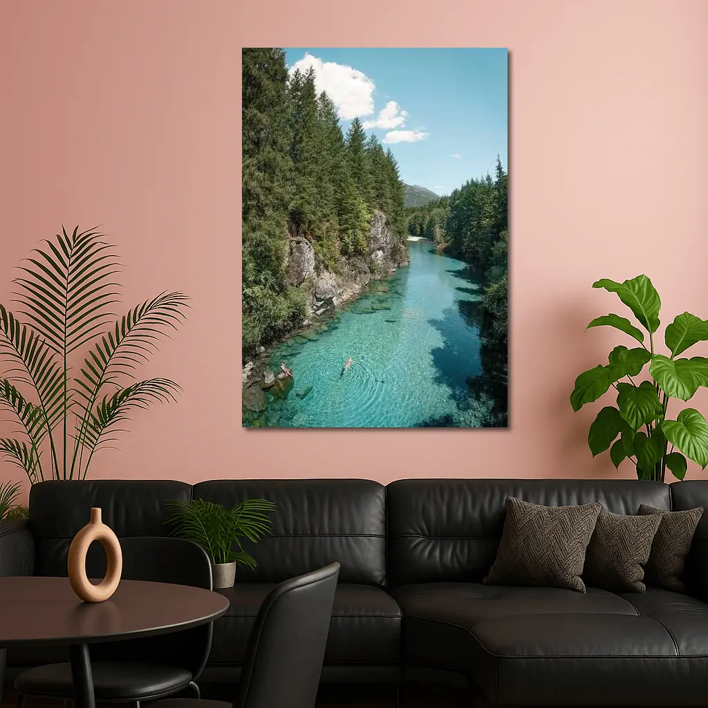 Turquoise River Swimming Forest Mountains Summer – Wall Art