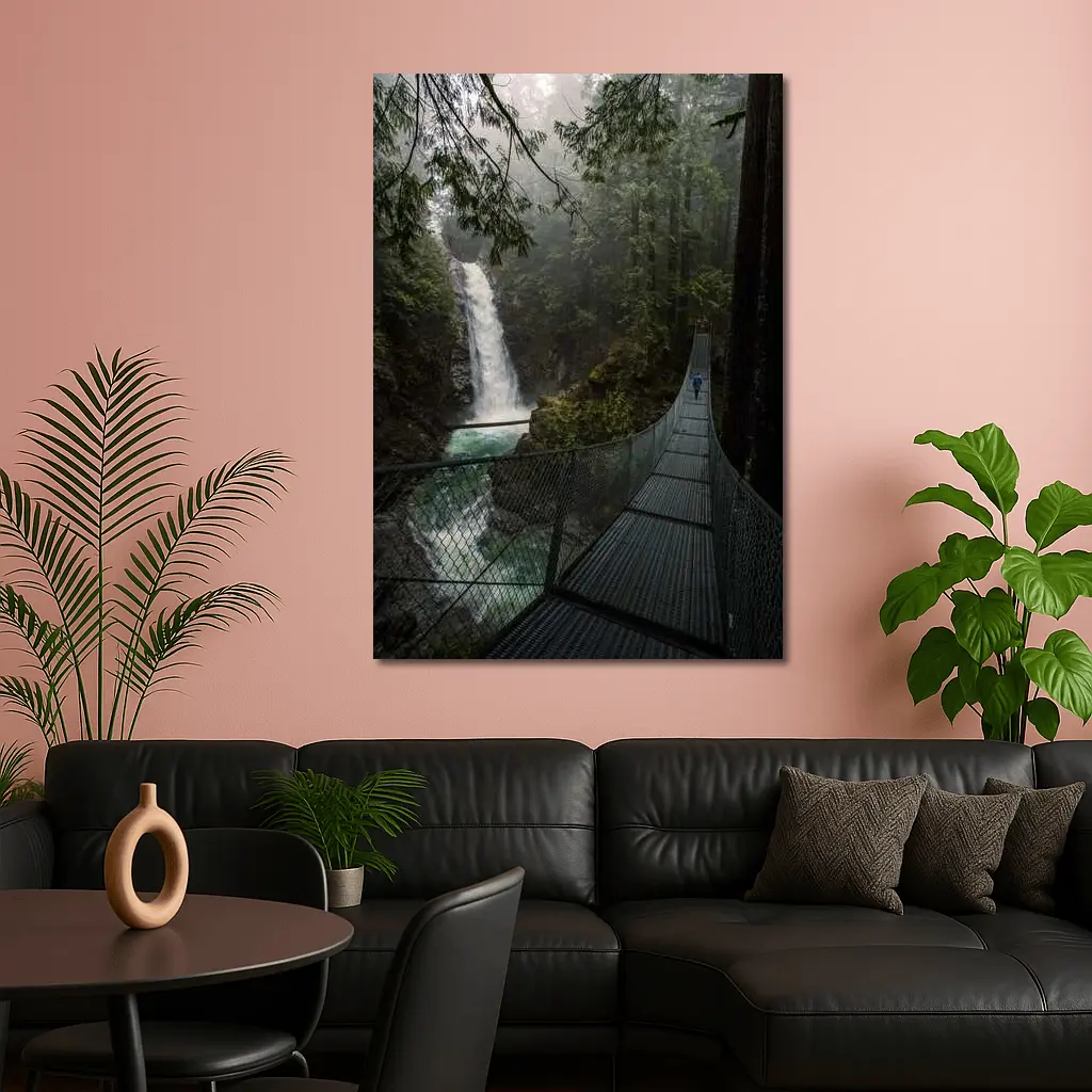 Suspension Bridge Waterfall Misty Forest Scene – Wall Art