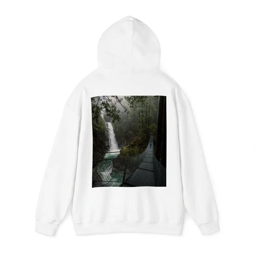 Suspension Bridge Waterfall Misty Forest Scene – Hoodies