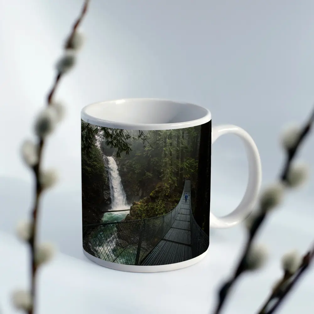 Suspension Bridge Waterfall Misty Forest Scene – Mugs