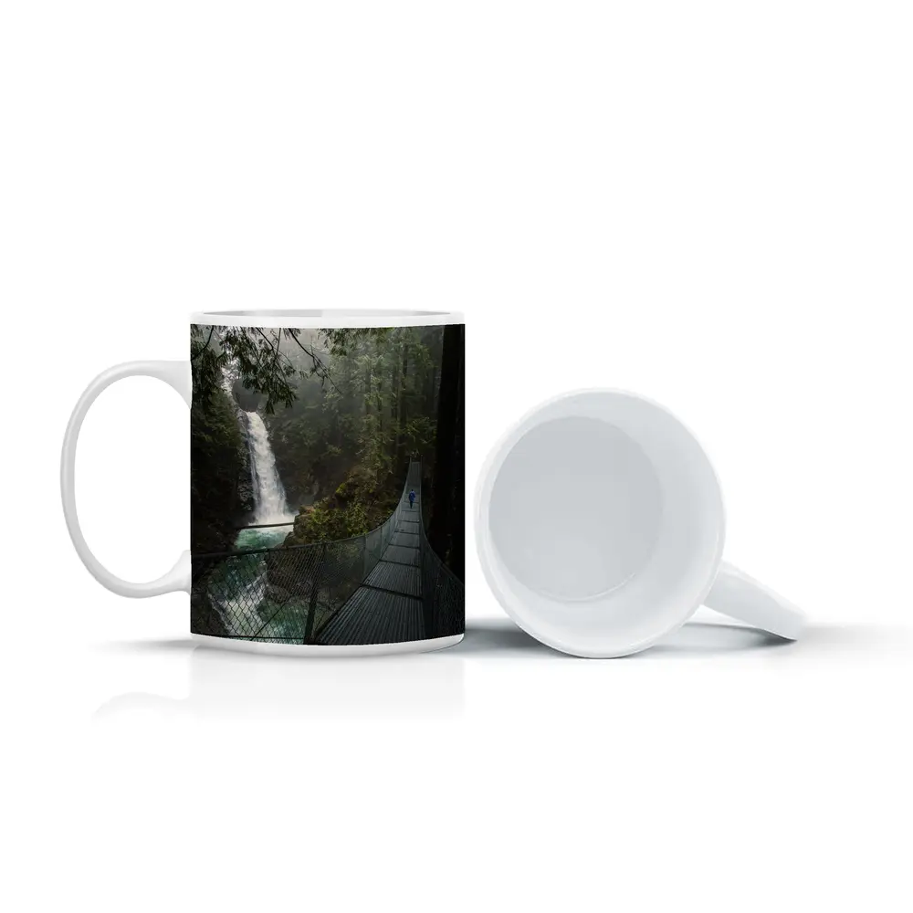 Suspension Bridge Waterfall Misty Forest Scene – Mugs