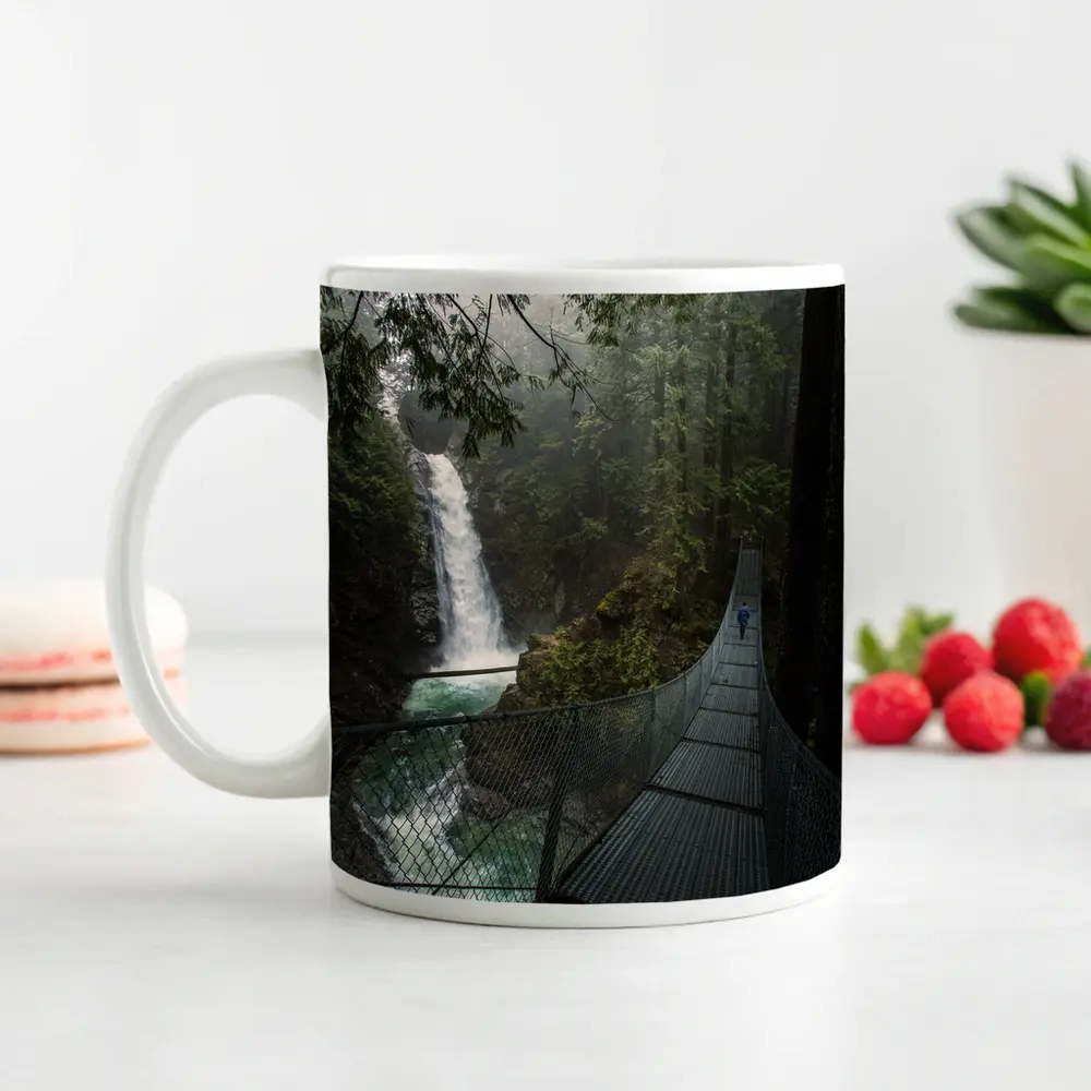Suspension Bridge Waterfall Misty Forest Scene – Mugs