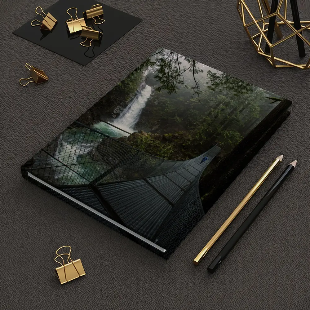 Suspension Bridge Waterfall Misty Forest Scene – Notebooks