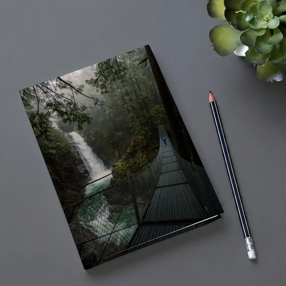 Suspension Bridge Waterfall Misty Forest Scene – Notebooks