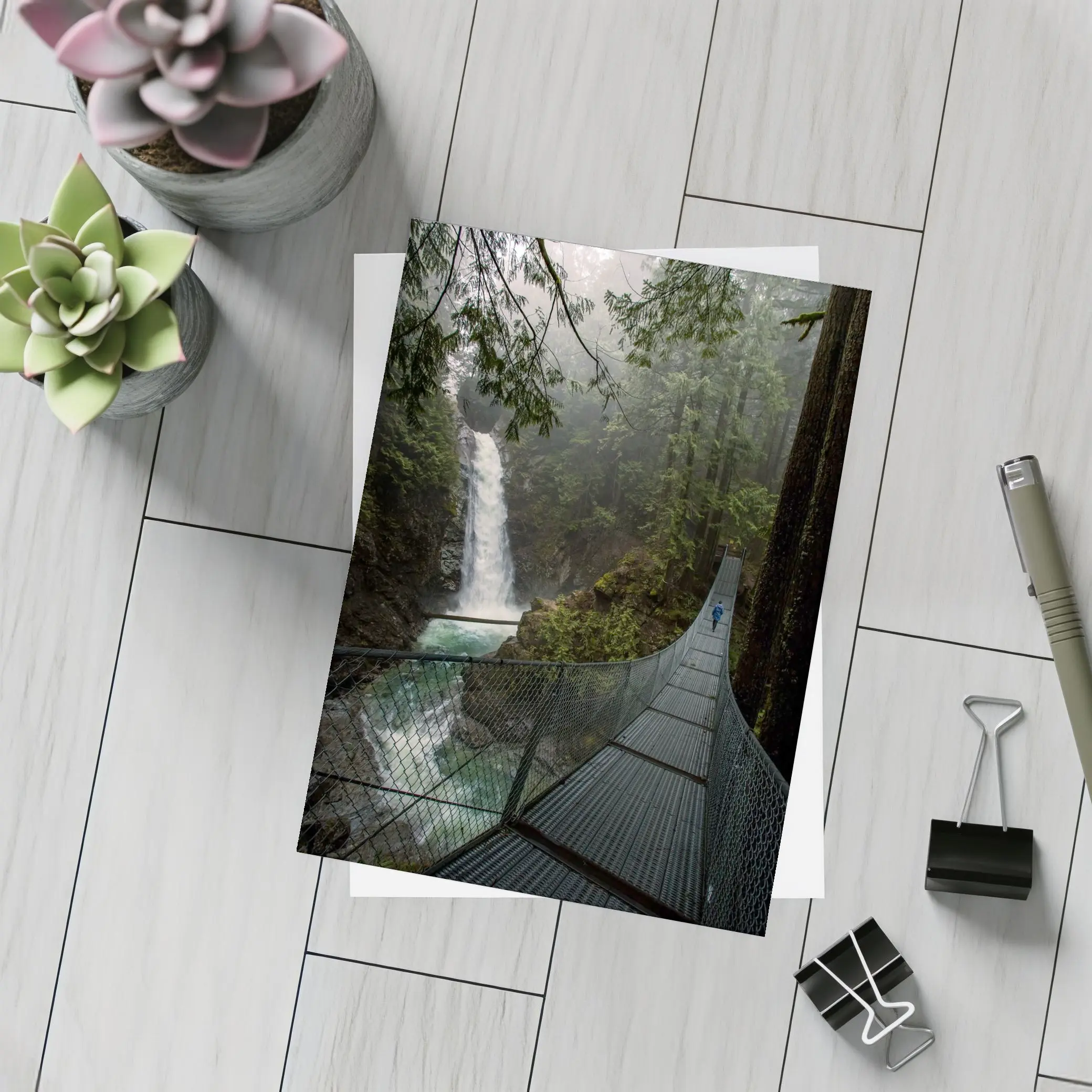 Suspension Bridge Waterfall Misty Forest Scene – Postcards