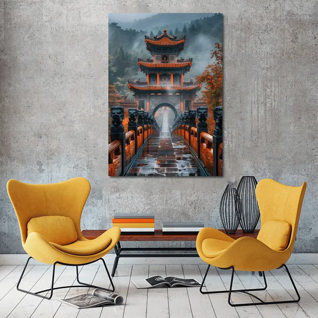 Chinese Temple Gate Misty Mountain Forest – Wall Art