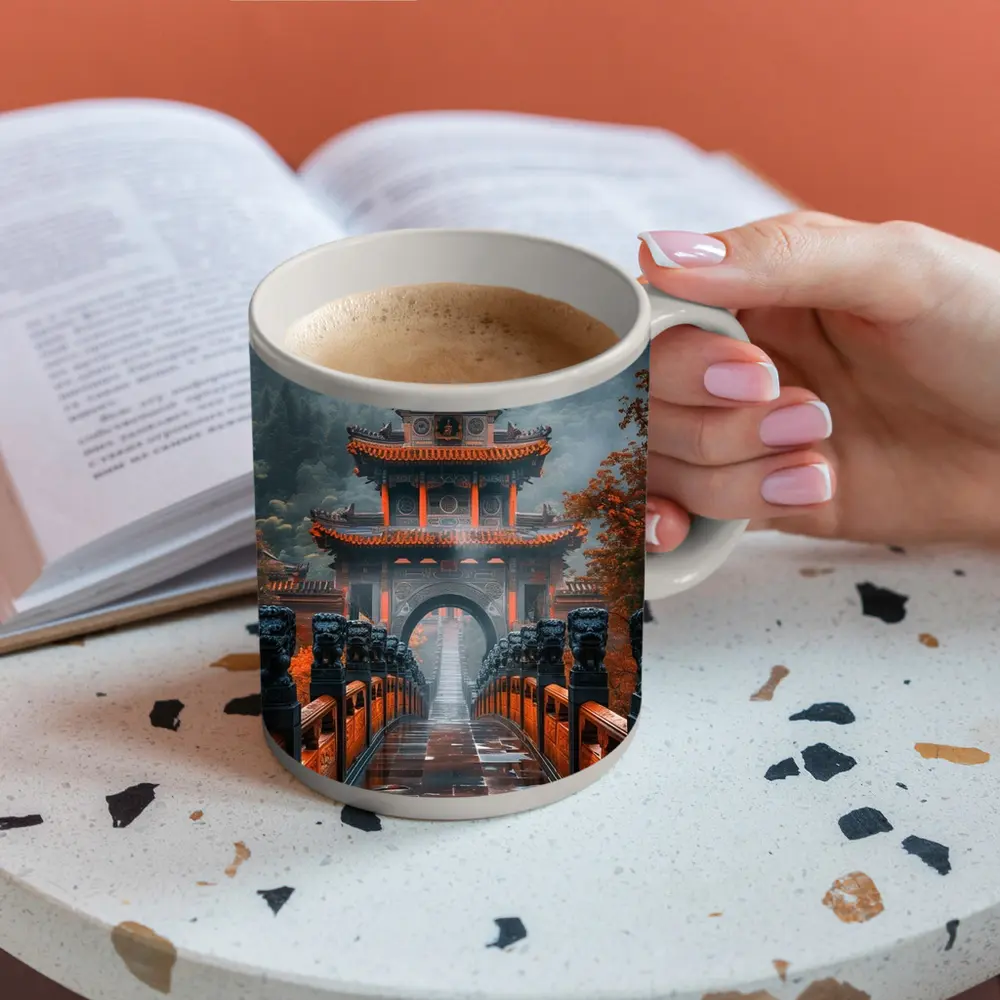 Chinese Temple Gate Misty Mountain Forest – Mugs