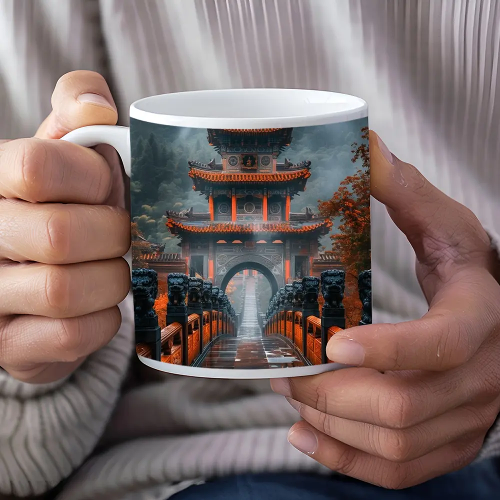 Chinese Temple Gate Misty Mountain Forest – Mugs