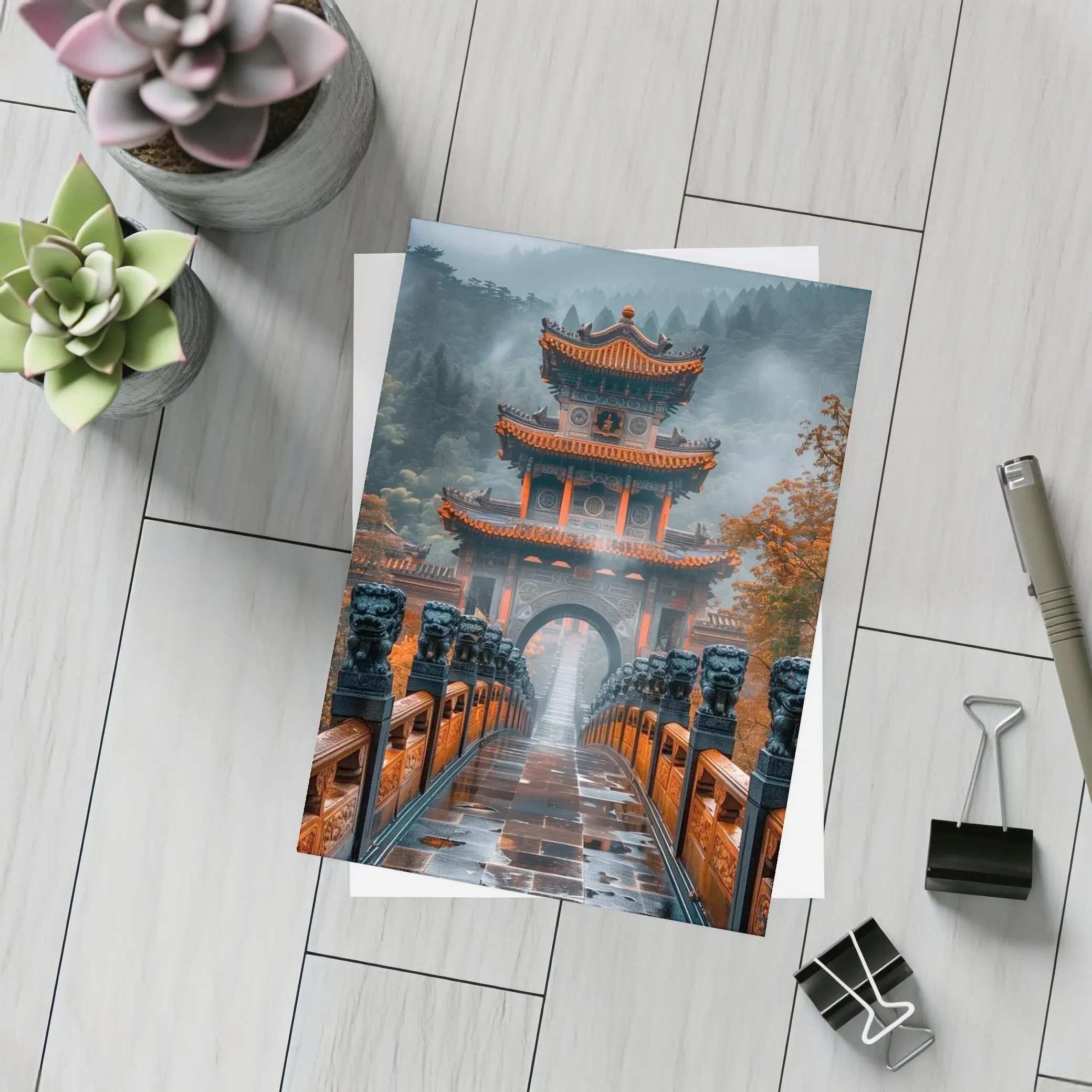 Chinese Temple Gate Misty Mountain Forest – Postcards