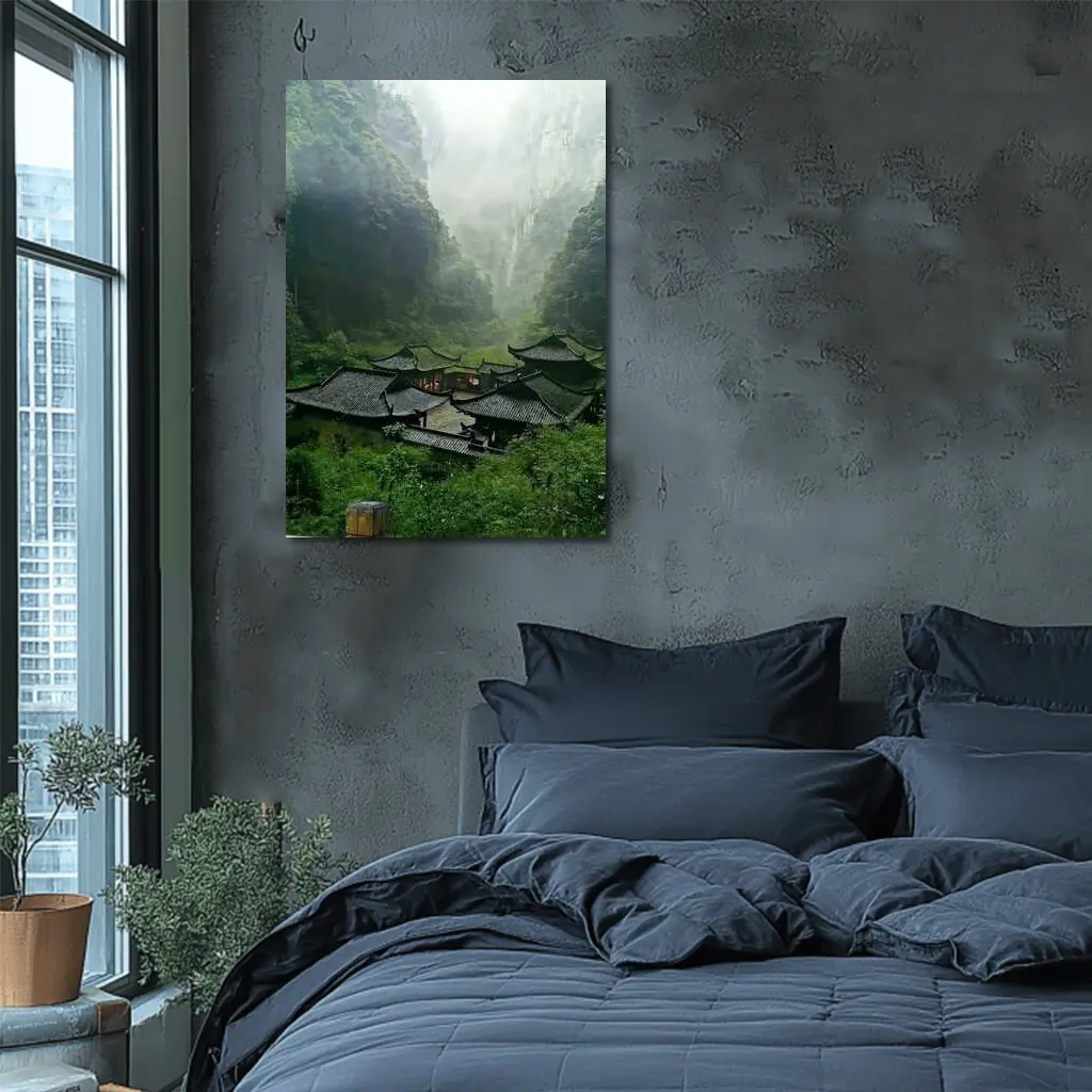 Chinese Temple Complex Misty Mountain Valley – Wall Art