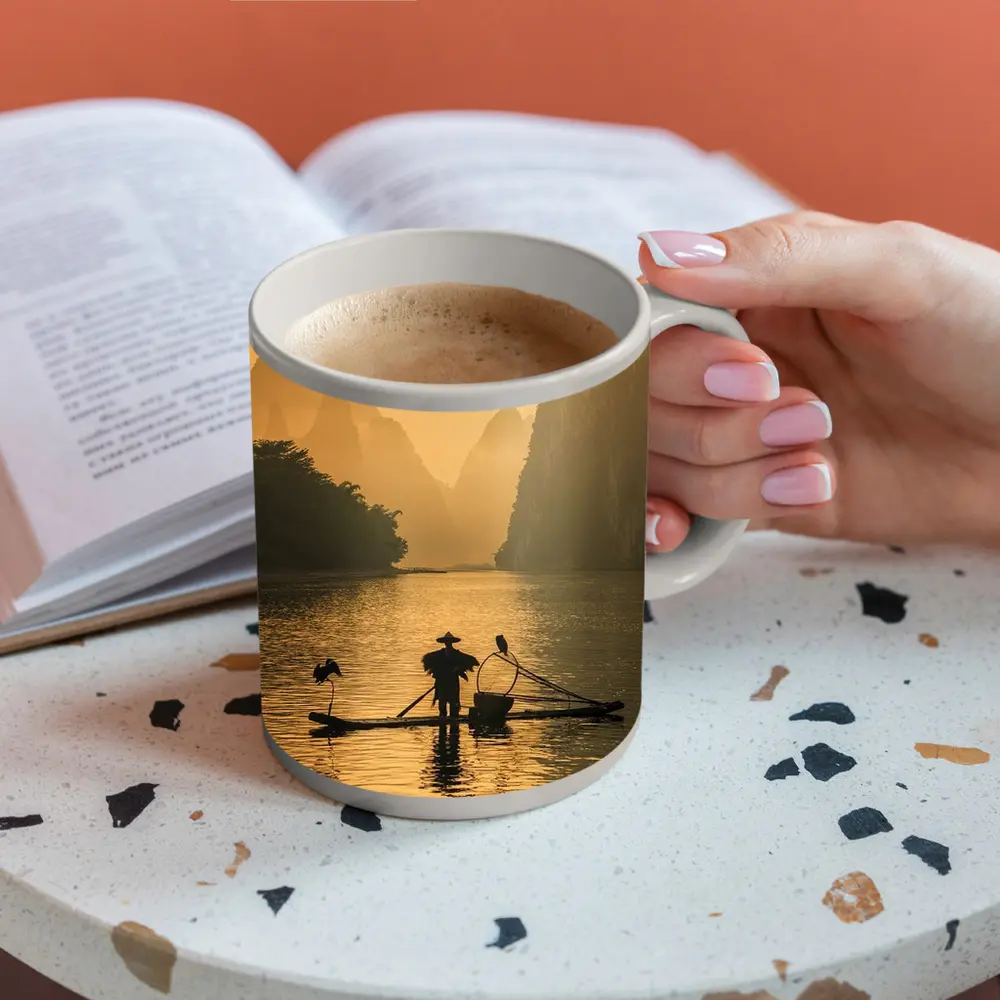 Fisherman on Bamboo Raft Li River – Mugs
