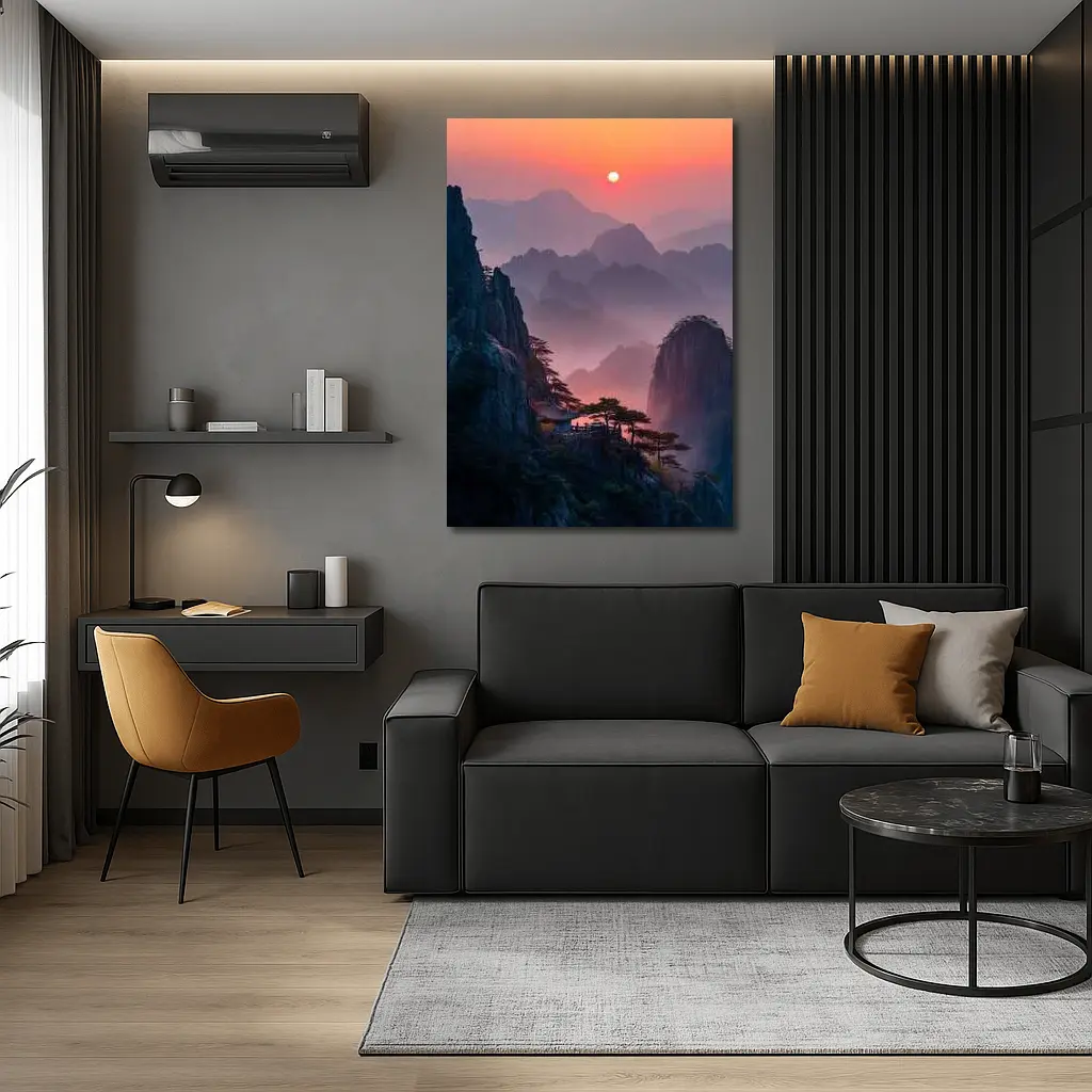 Huangshan Mountains Misty Sunset Cliffside Pavilion – Wall Art