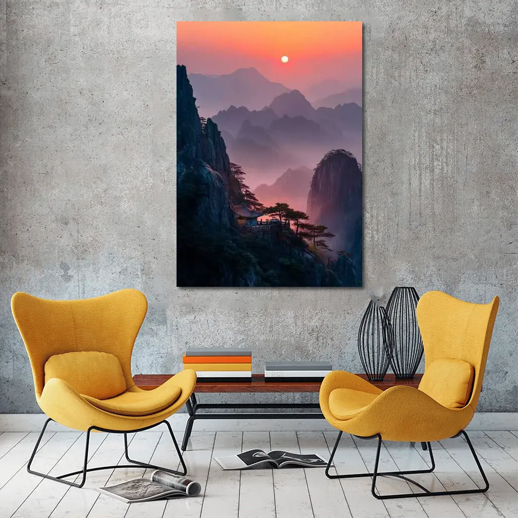 Huangshan Mountains Misty Sunset Cliffside Pavilion – Wall Art
