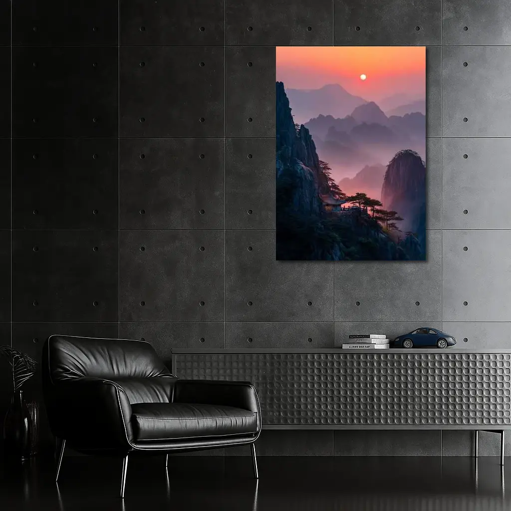 Huangshan Mountains Misty Sunset Cliffside Pavilion – Wall Art