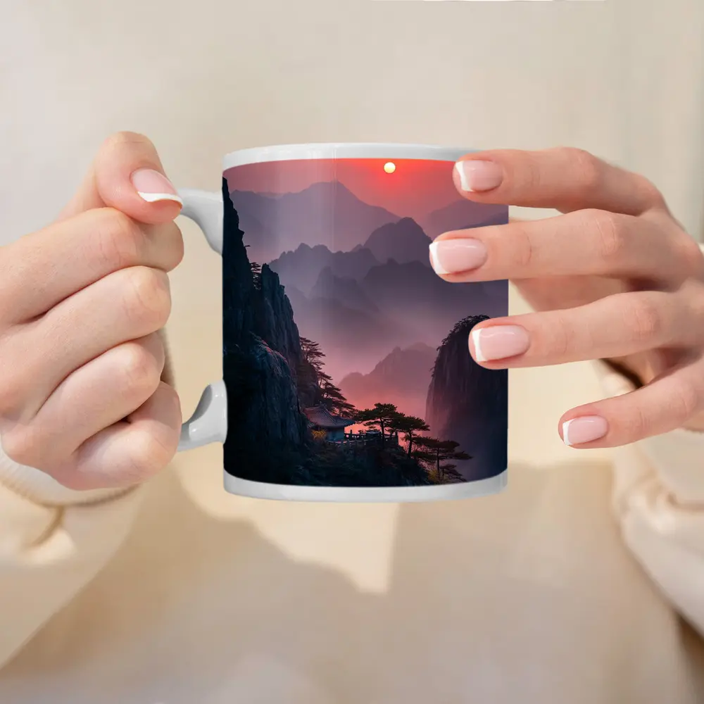 Huangshan Mountains Misty Sunset Cliffside Pavilion – Mugs