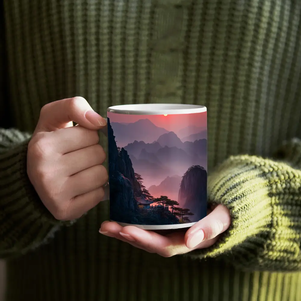 Huangshan Mountains Misty Sunset Cliffside Pavilion – Mugs