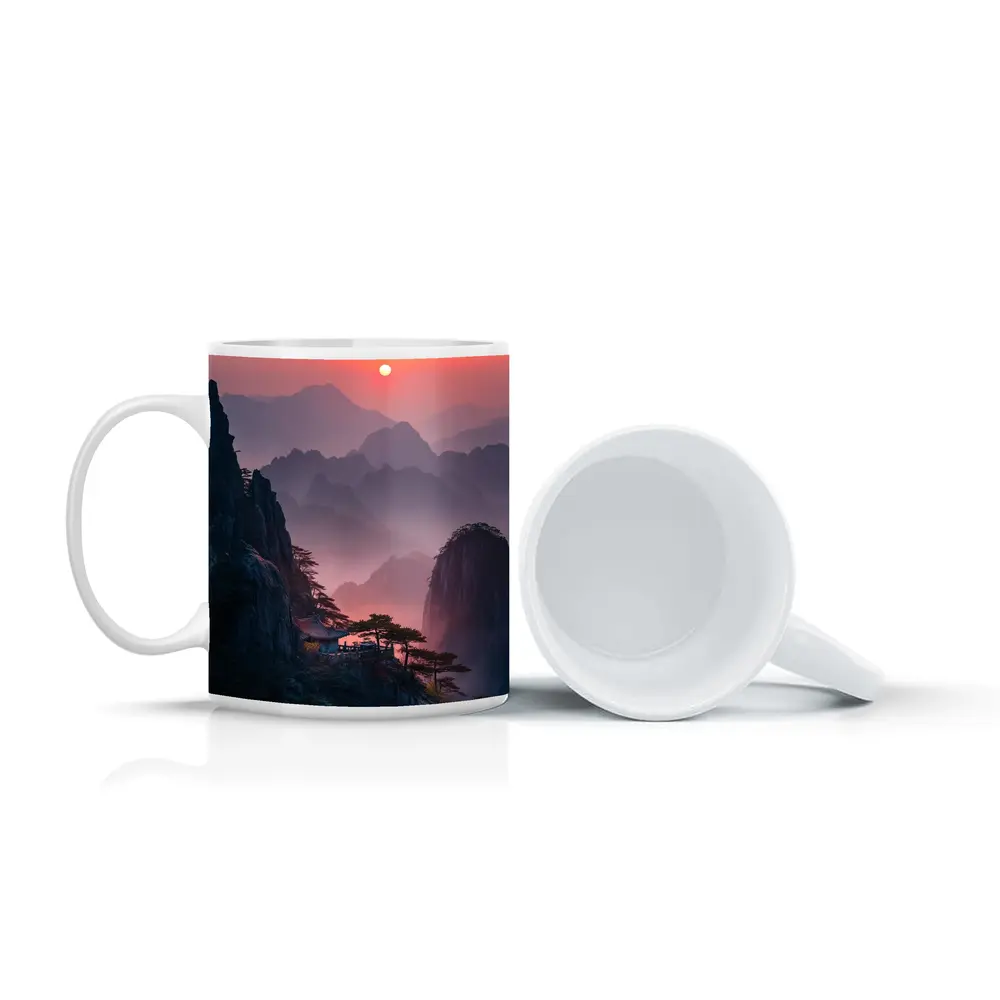 Huangshan Mountains Misty Sunset Cliffside Pavilion – Mugs
