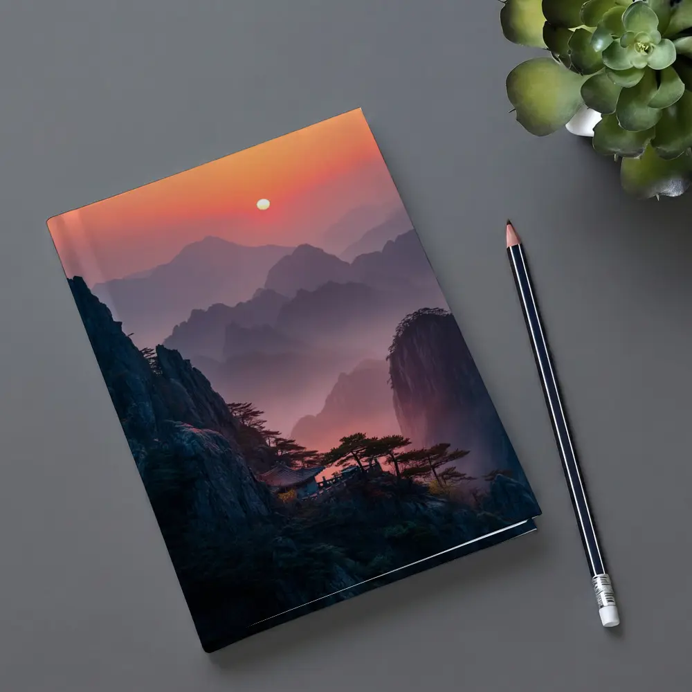 Huangshan Mountains Misty Sunset Cliffside Pavilion – Notebooks