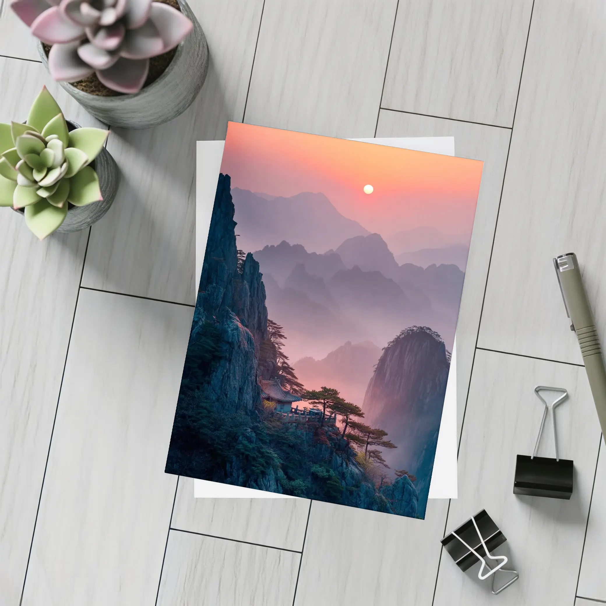 Huangshan Mountains Misty Sunset Cliffside Pavilion – Postcards