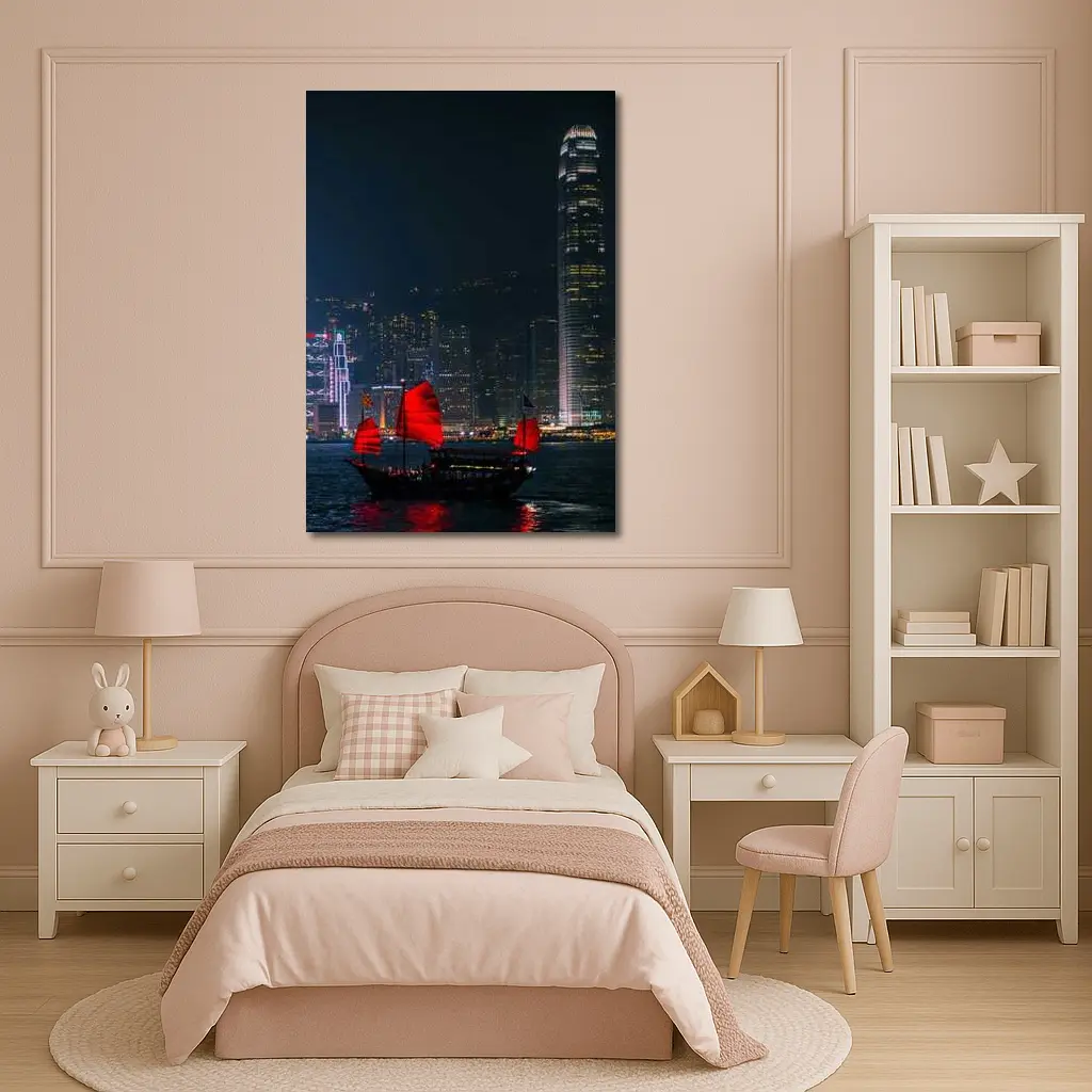 Red Junk Boat Hong Kong Night Skyline – Wall Art