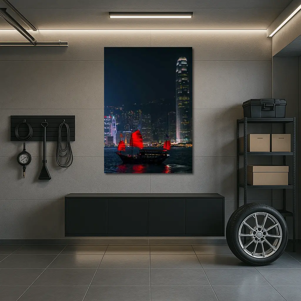 Red Junk Boat Hong Kong Night Skyline – Wall Art
