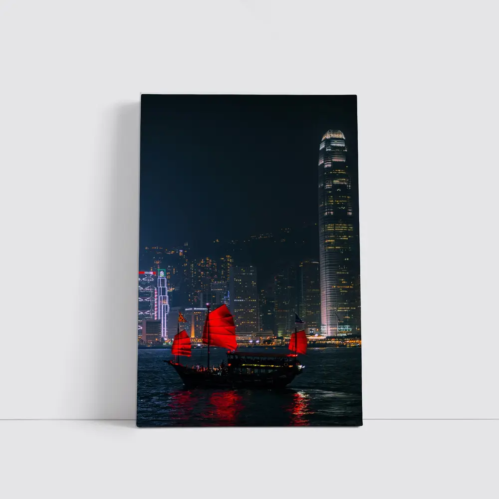 Red Junk Boat Hong Kong Night Skyline – Wall Art