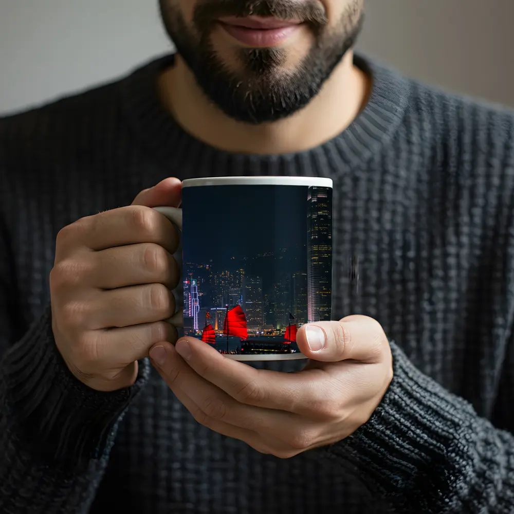 Red Junk Boat Hong Kong Night Skyline – Mugs