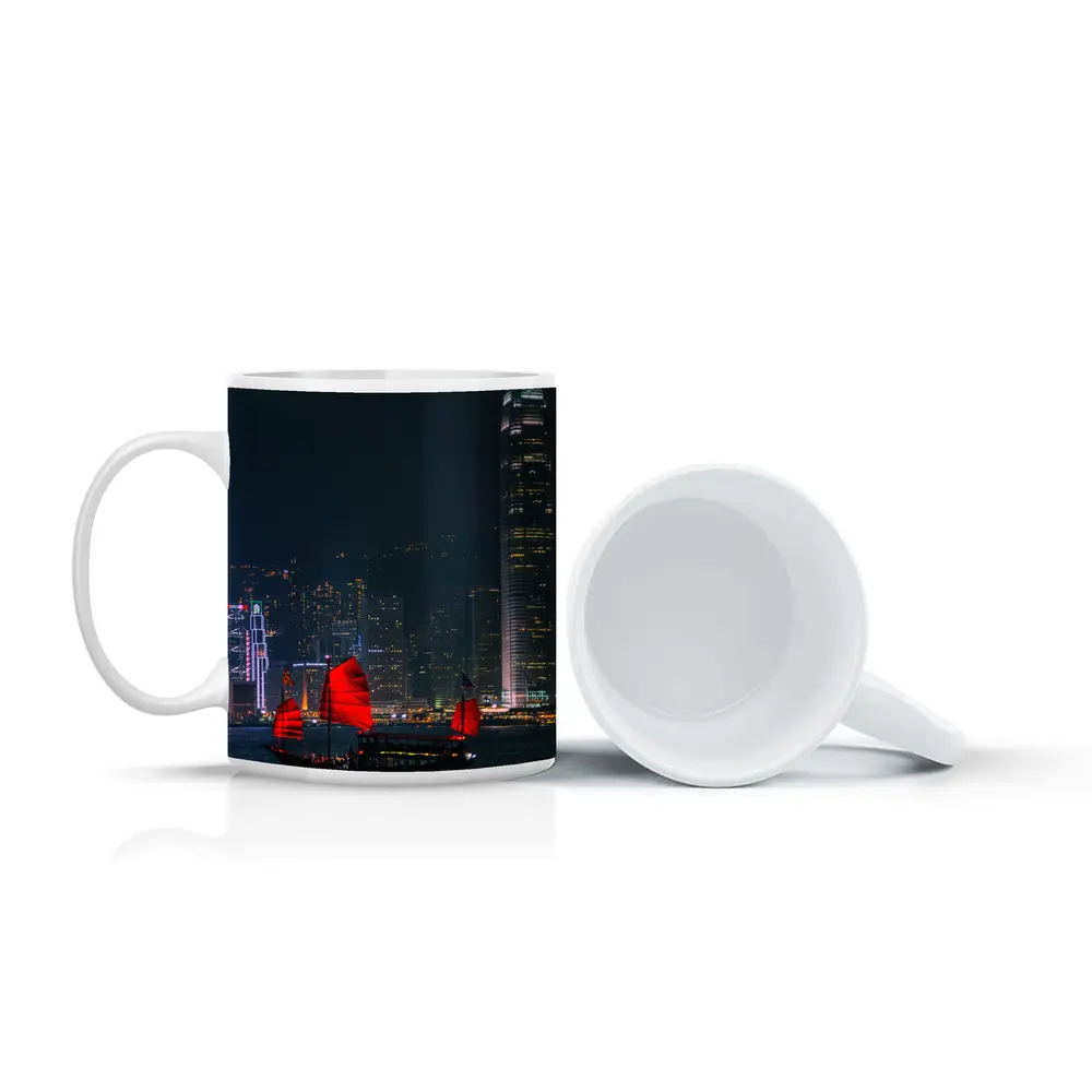 Red Junk Boat Hong Kong Night Skyline – Mugs