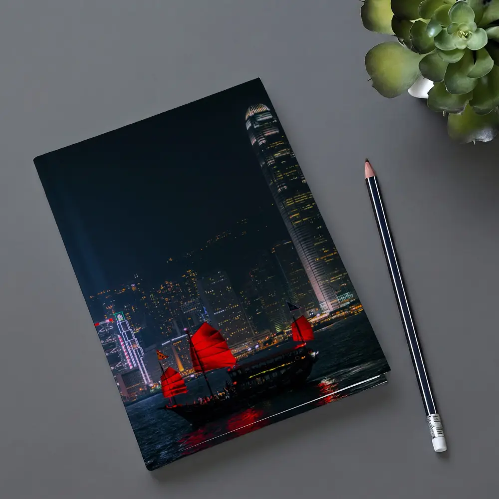 Red Junk Boat Hong Kong Night Skyline – Notebooks