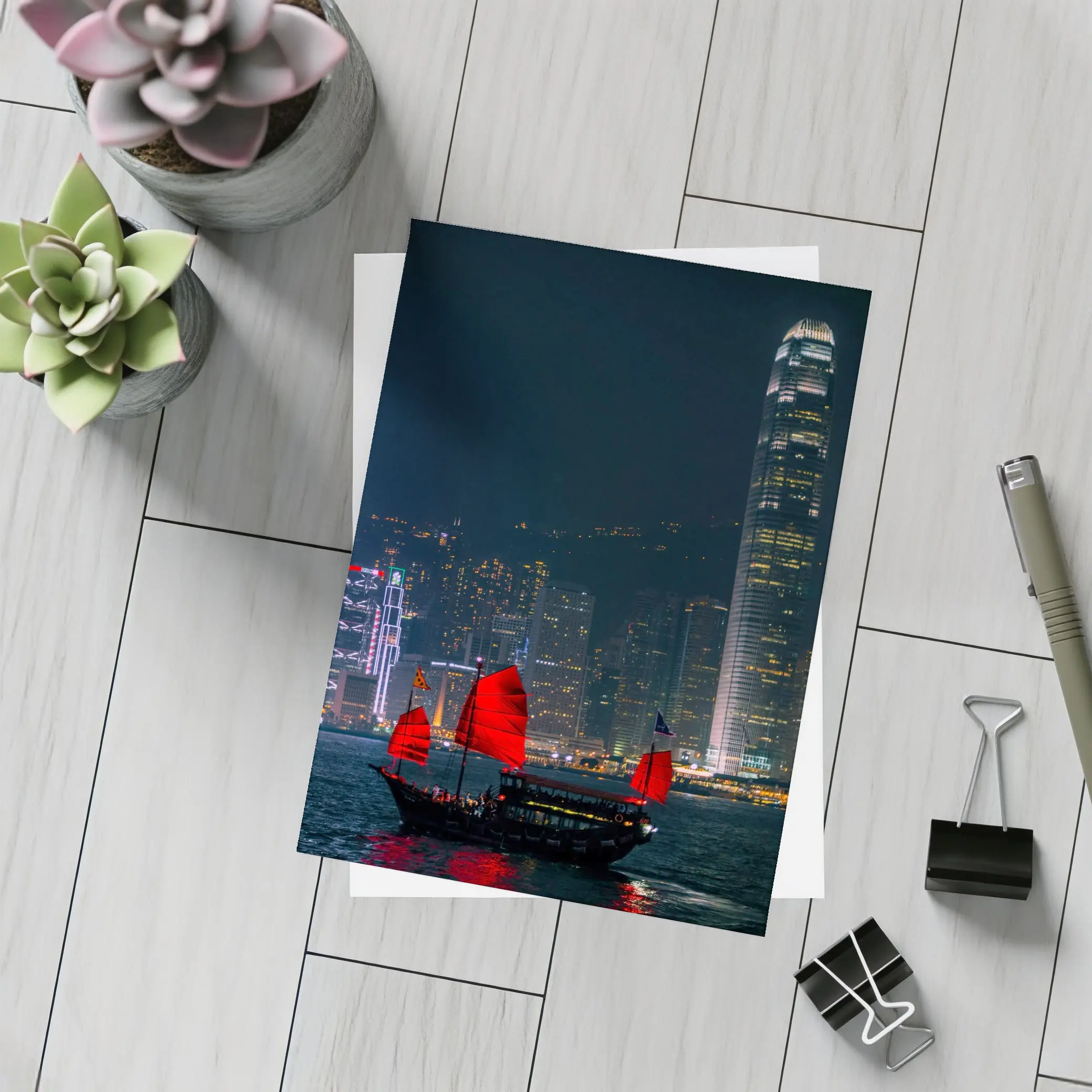 Red Junk Boat Hong Kong Night Skyline – Postcards