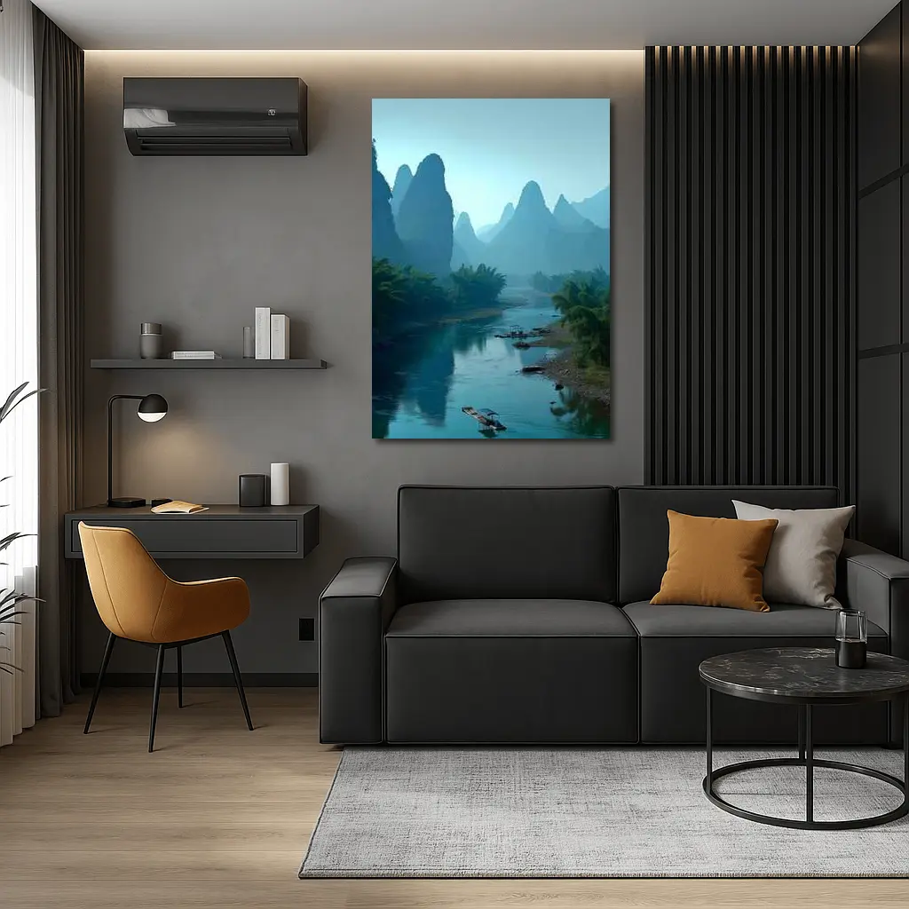 Li River Karst Mountains Misty Blue Landscape – Wall Art