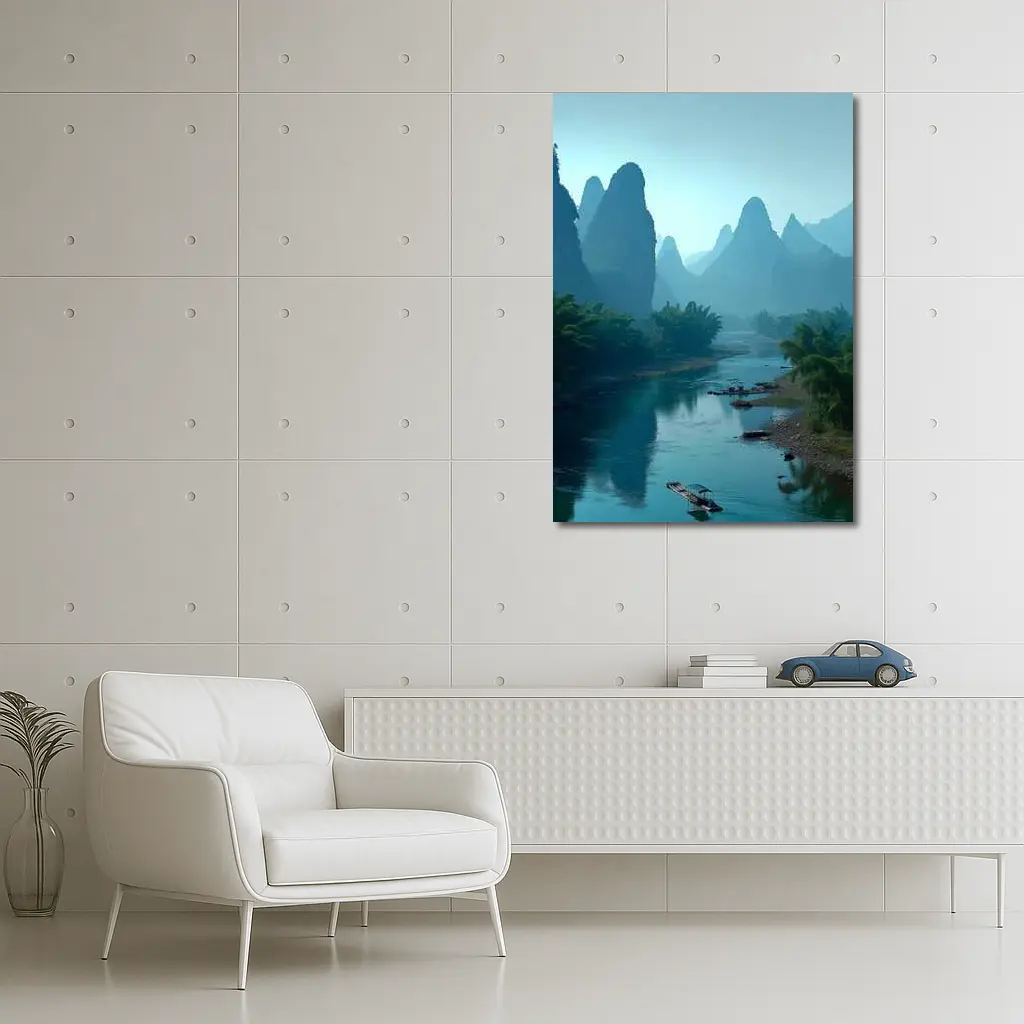 Li River Karst Mountains Misty Blue Landscape – Wall Art