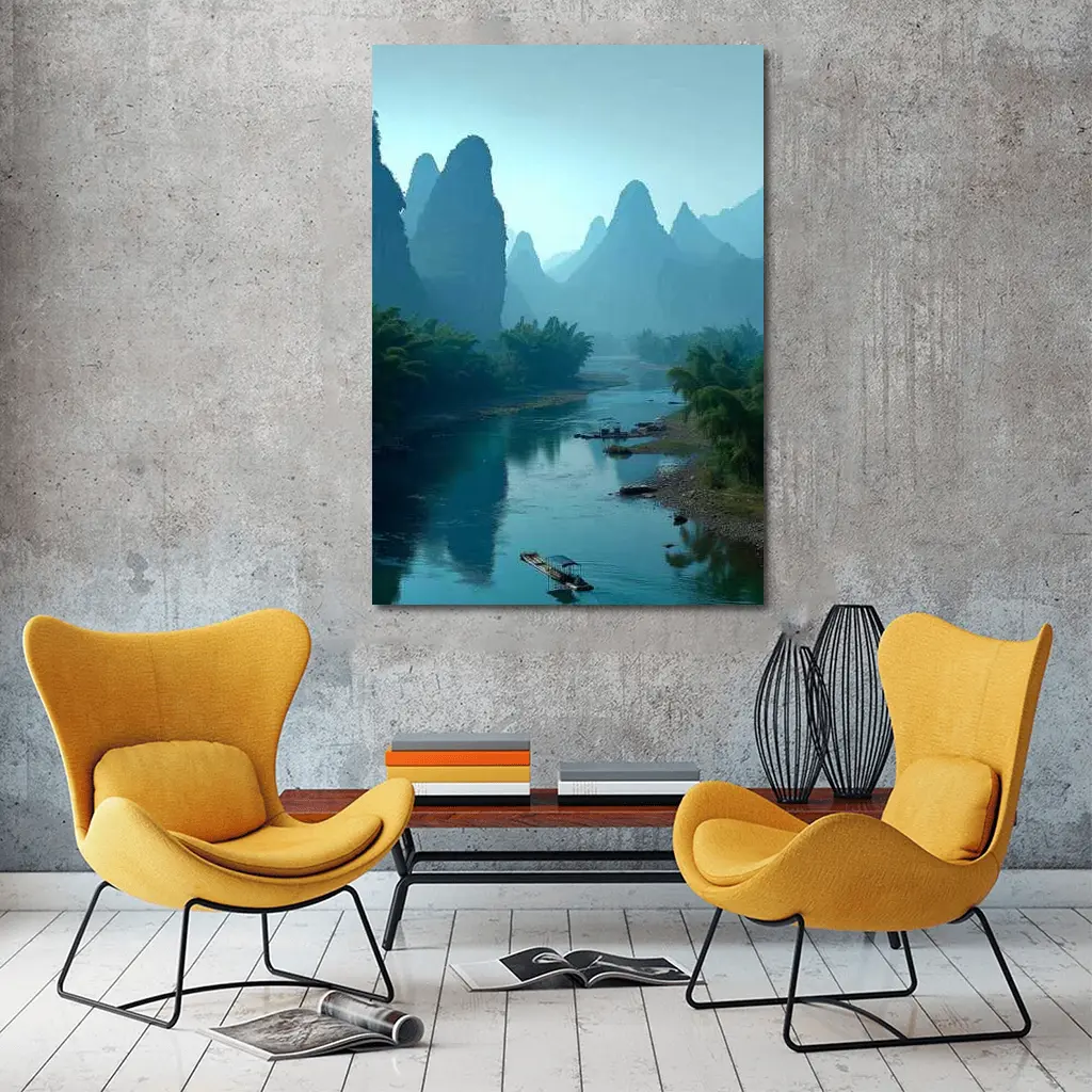 Li River Karst Mountains Misty Blue Landscape – Wall Art