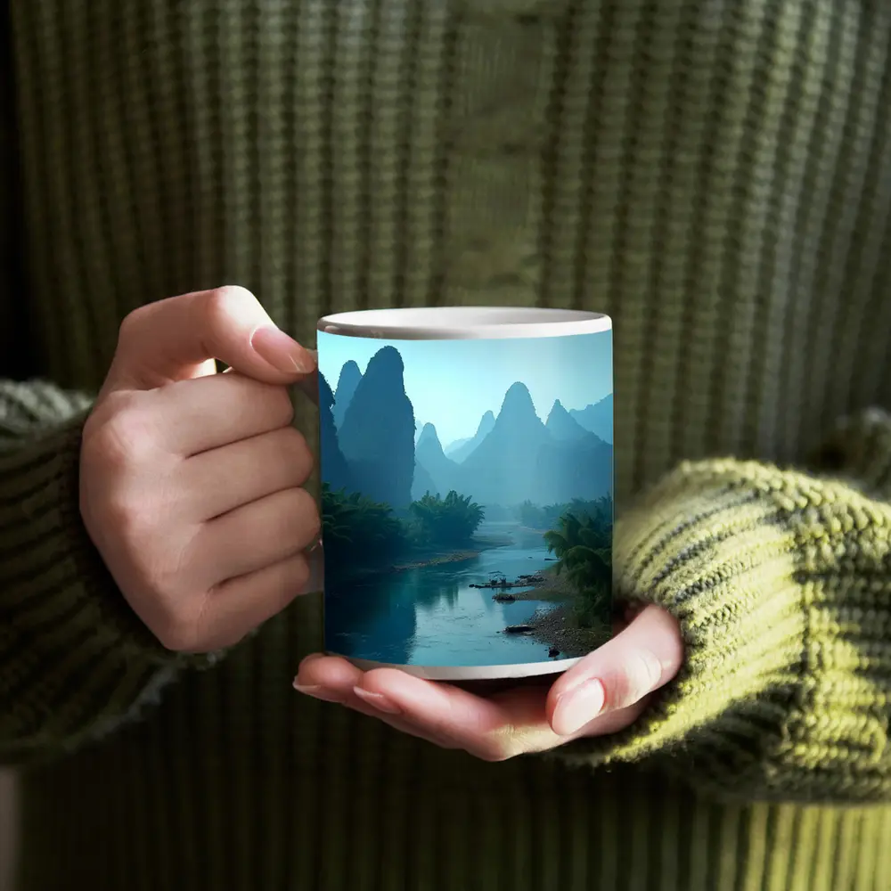 Li River Karst Mountains Misty Blue Landscape – Mugs