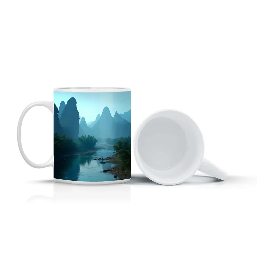 Li River Karst Mountains Misty Blue Landscape – Mugs