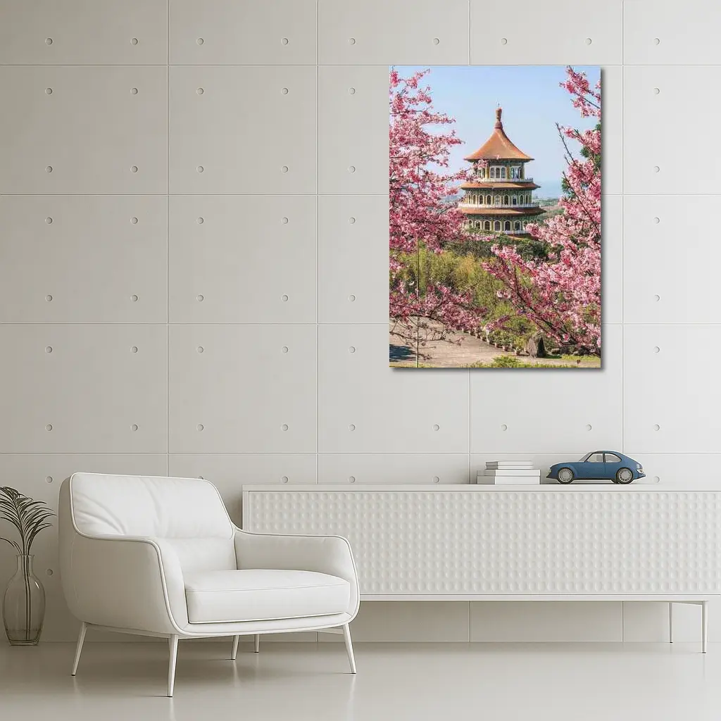 Chinese Pagoda Tower Pink Cherry Blossoms – Wall Art