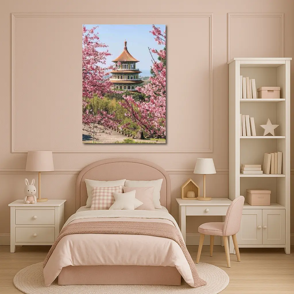 Chinese Pagoda Tower Pink Cherry Blossoms – Wall Art