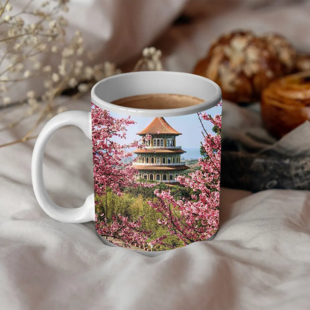 Chinese Pagoda Tower Pink Cherry Blossoms – Mugs