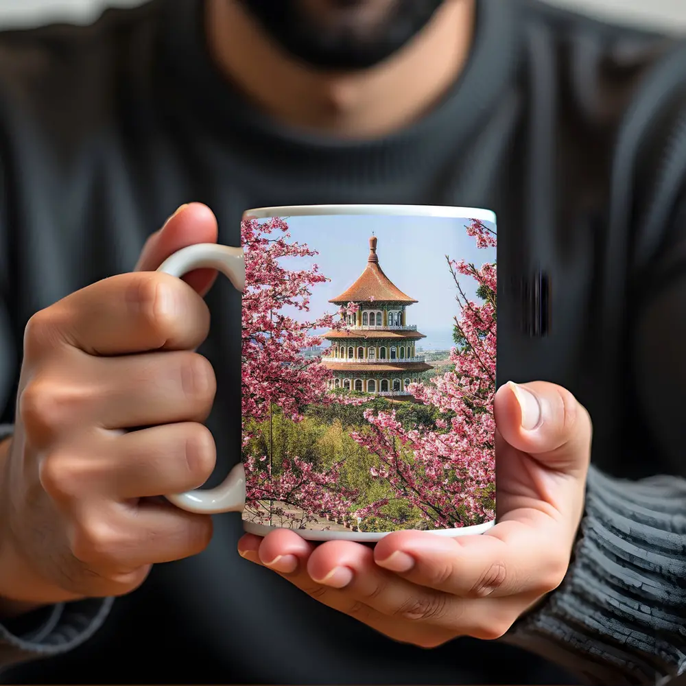 Chinese Pagoda Tower Pink Cherry Blossoms – Mugs