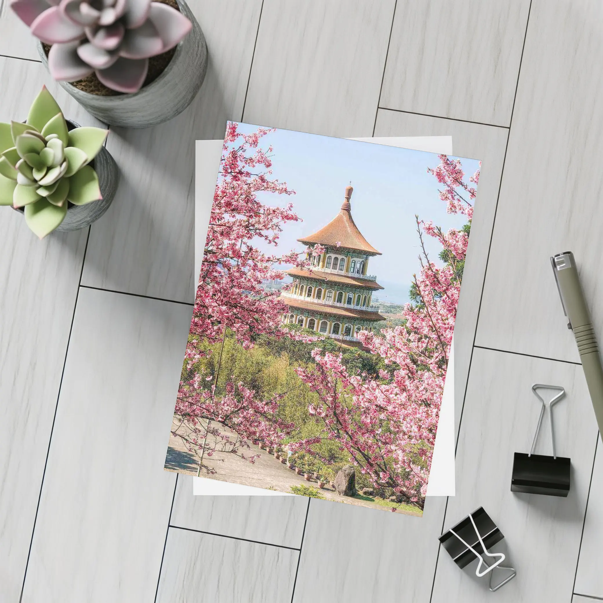 Chinese Pagoda Tower Pink Cherry Blossoms – Postcards