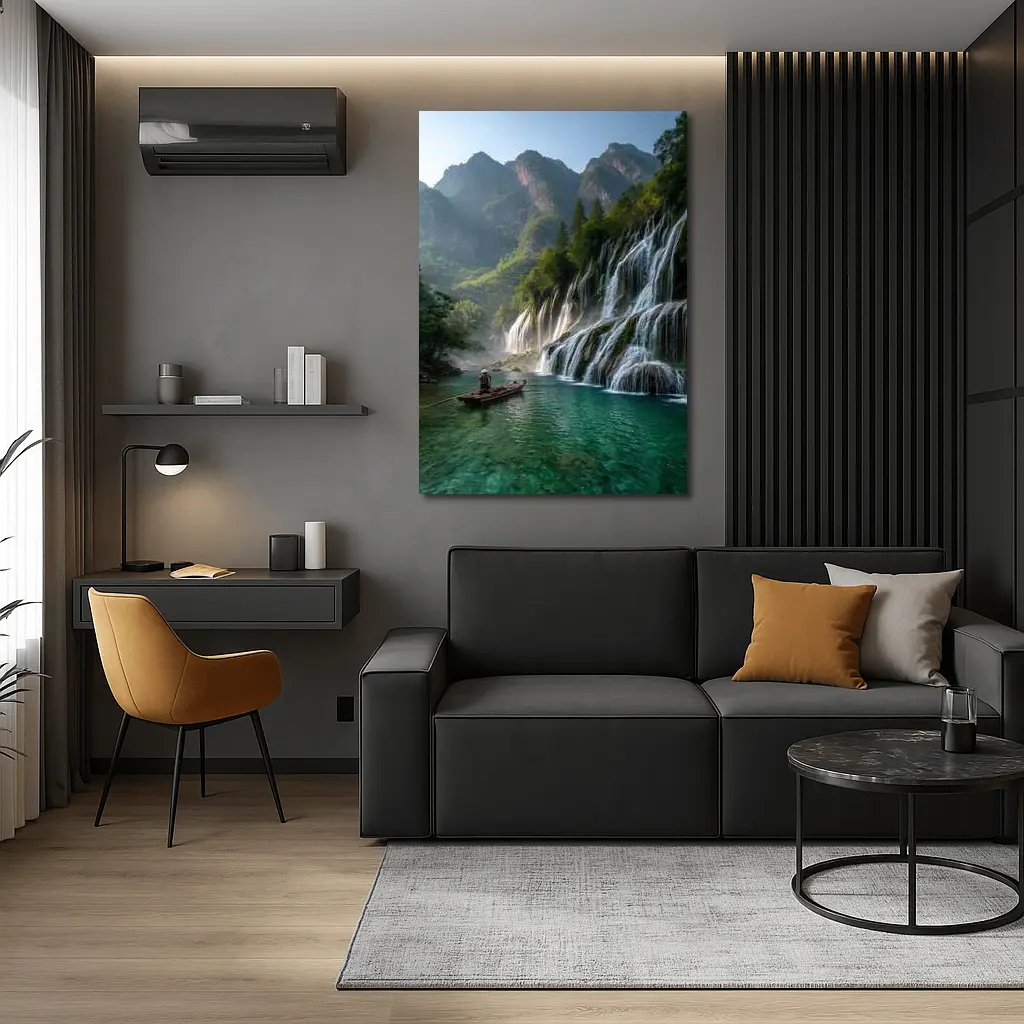 Waterfall Cascade Mountain River Boat Scene – Wall Art