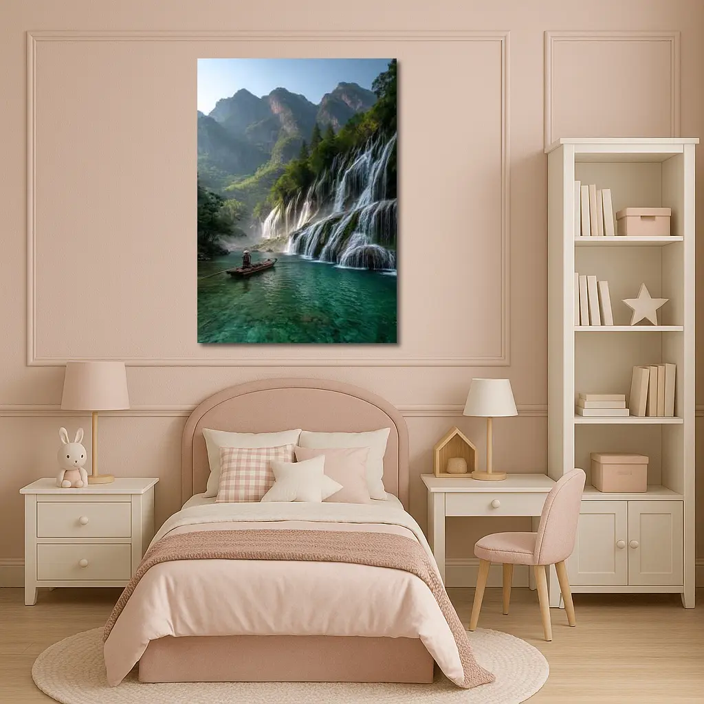 Waterfall Cascade Mountain River Boat Scene – Wall Art