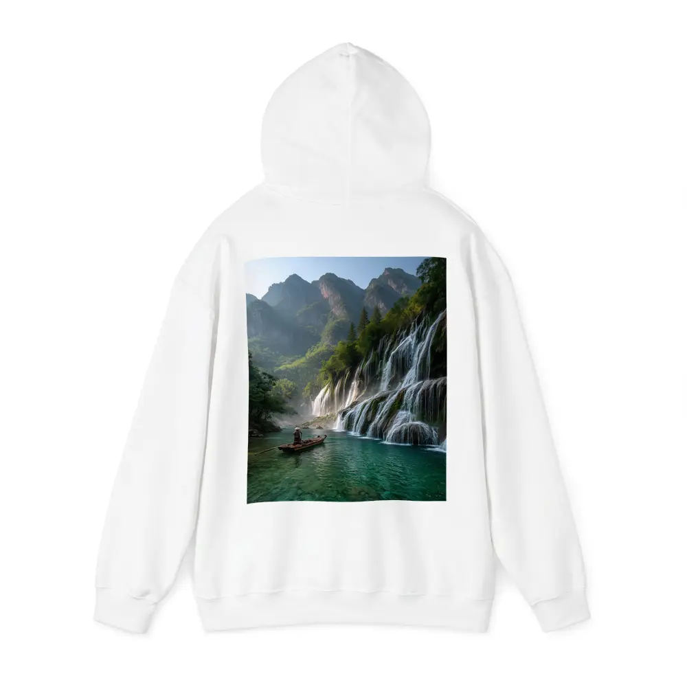 Waterfall Cascade Mountain River Boat Scene – Hoodies