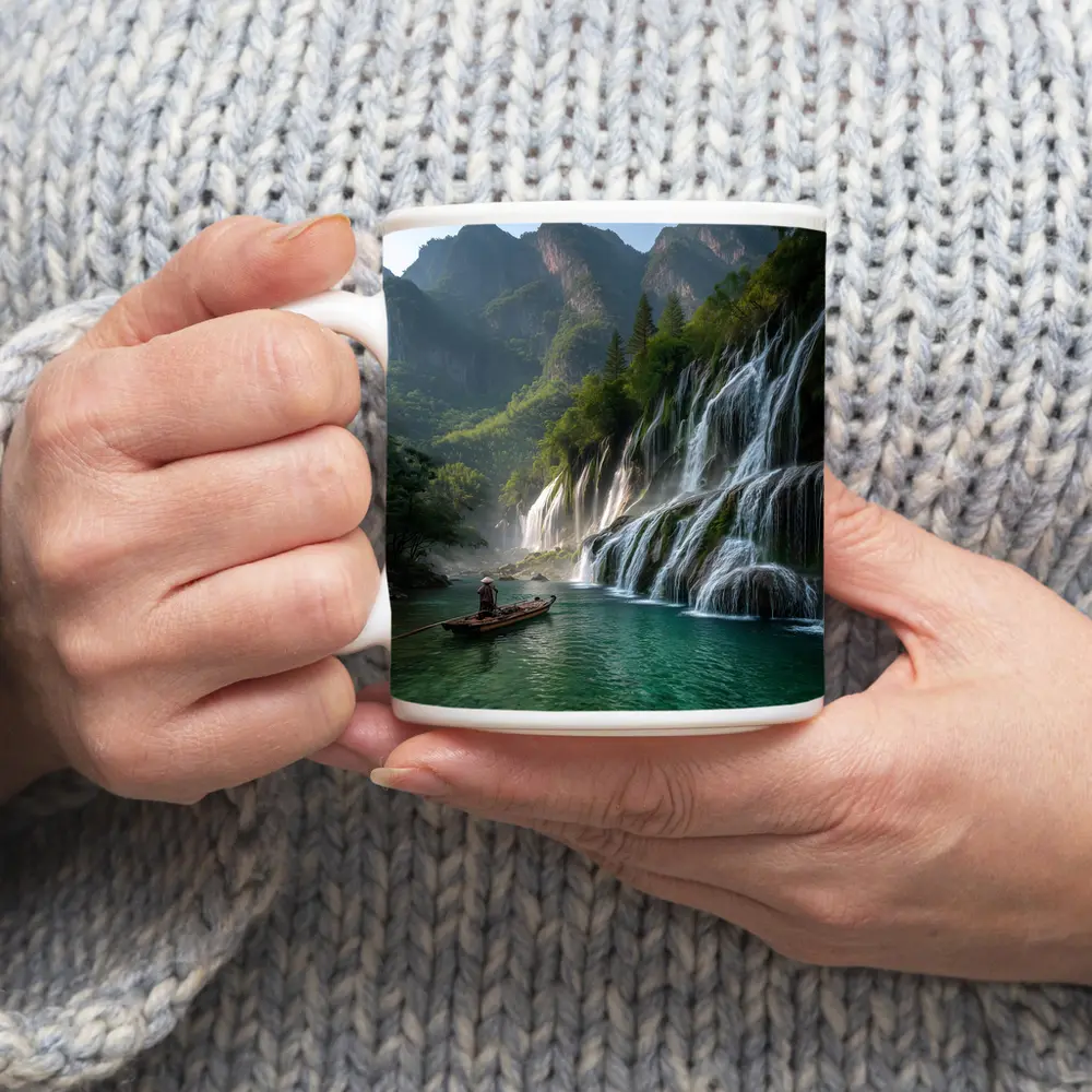 Waterfall Cascade Mountain River Boat Scene – Mugs