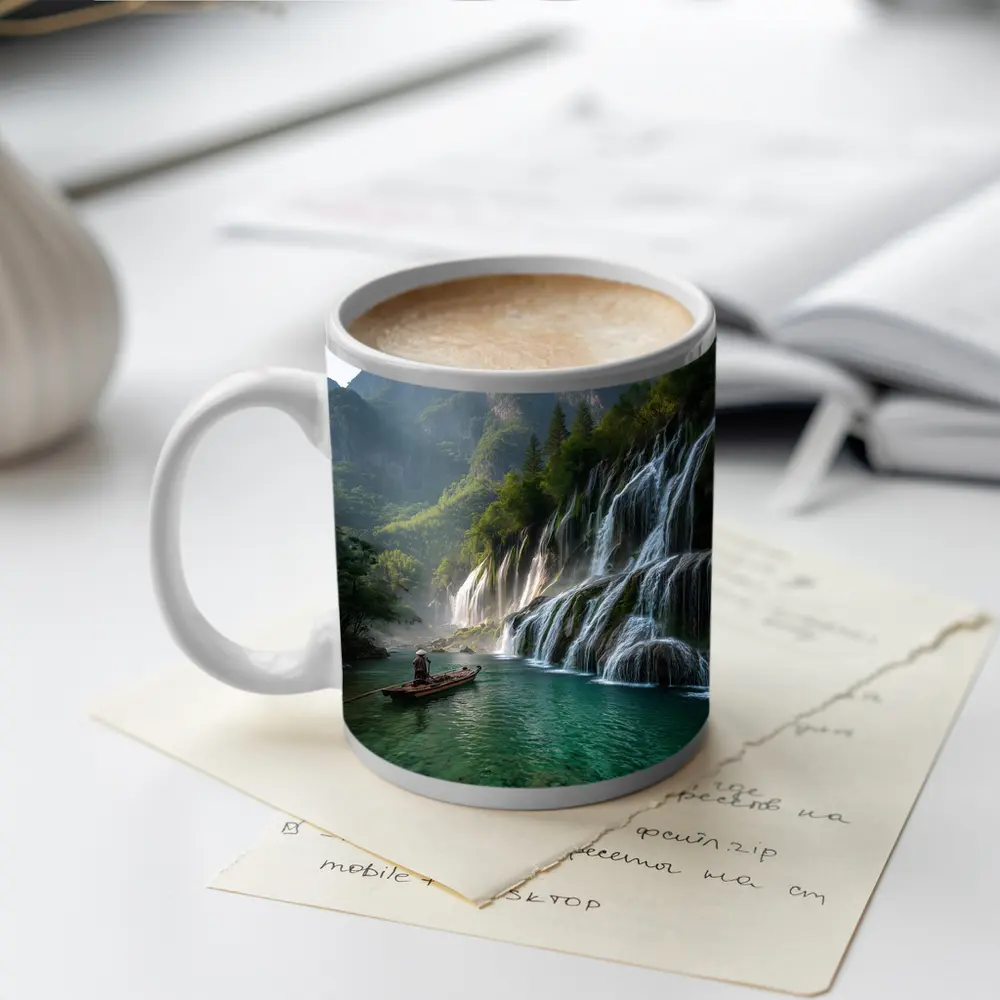Waterfall Cascade Mountain River Boat Scene – Mugs