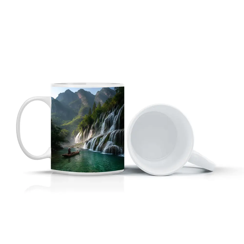 Waterfall Cascade Mountain River Boat Scene – Mugs