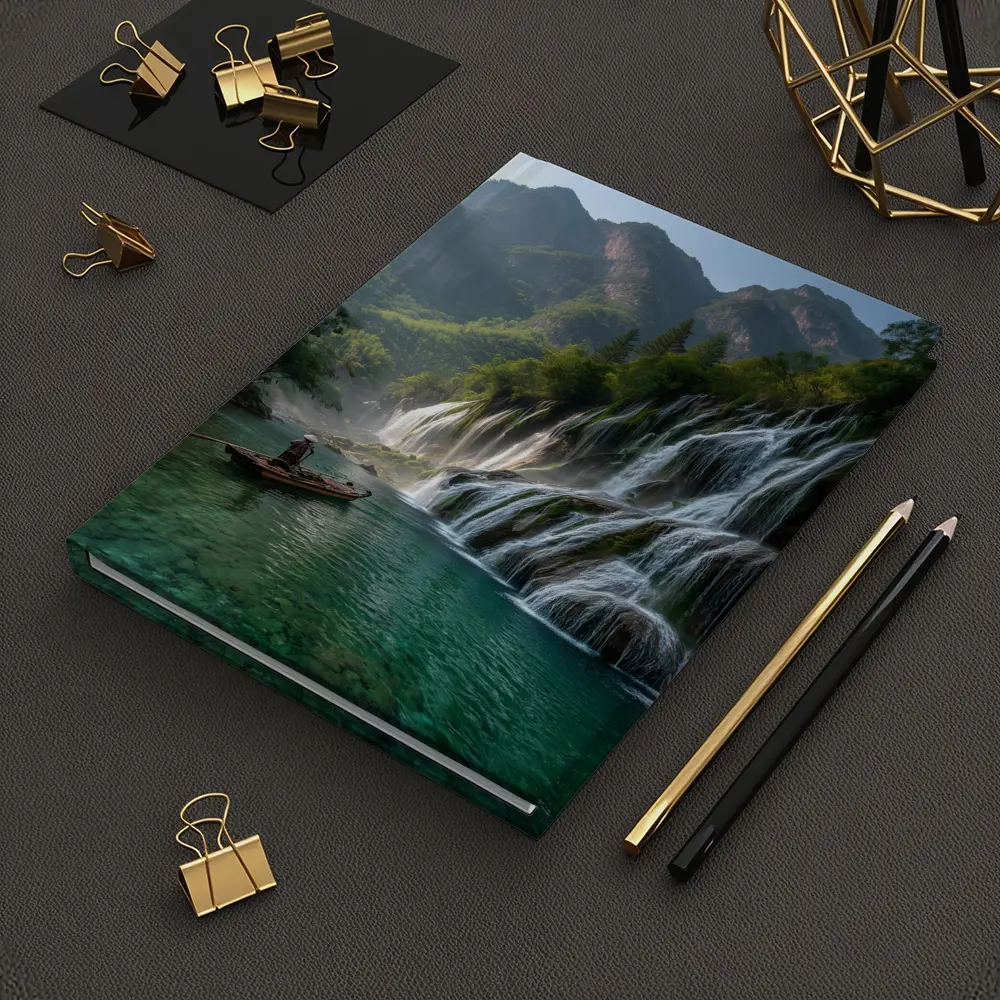 Waterfall Cascade Mountain River Boat Scene – Notebooks