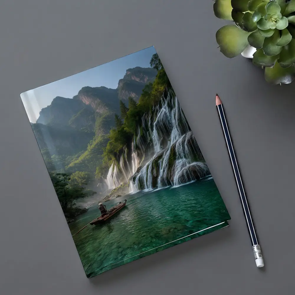 Waterfall Cascade Mountain River Boat Scene – Notebooks